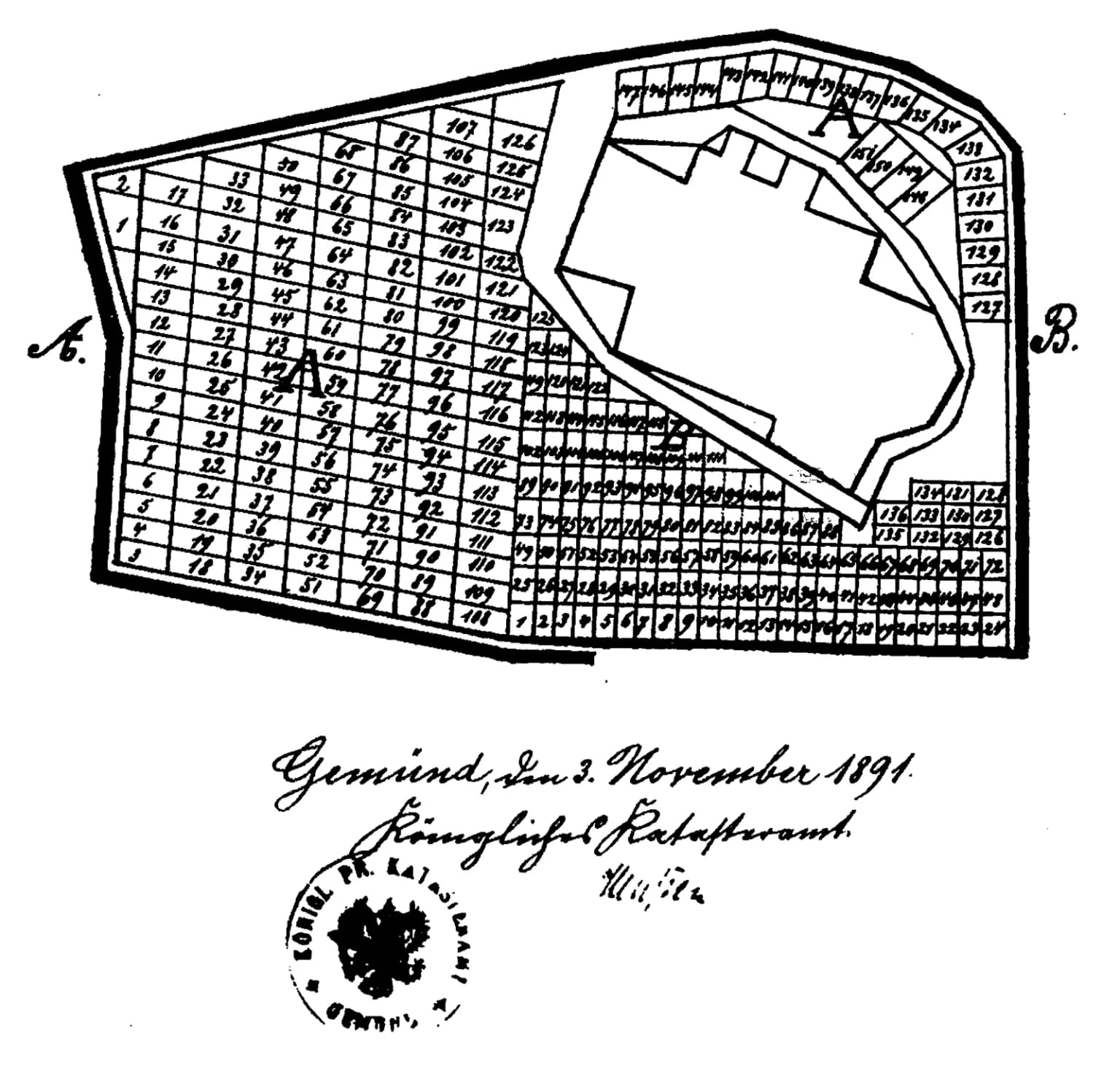 Lageplan des ummauerten Kirchhofs: nummerierte Grabfelder rund um den Grundriss der Kapelle, darunter Datum, Unterschrift und Stempel des Königlichen Katasteramts Gemünd