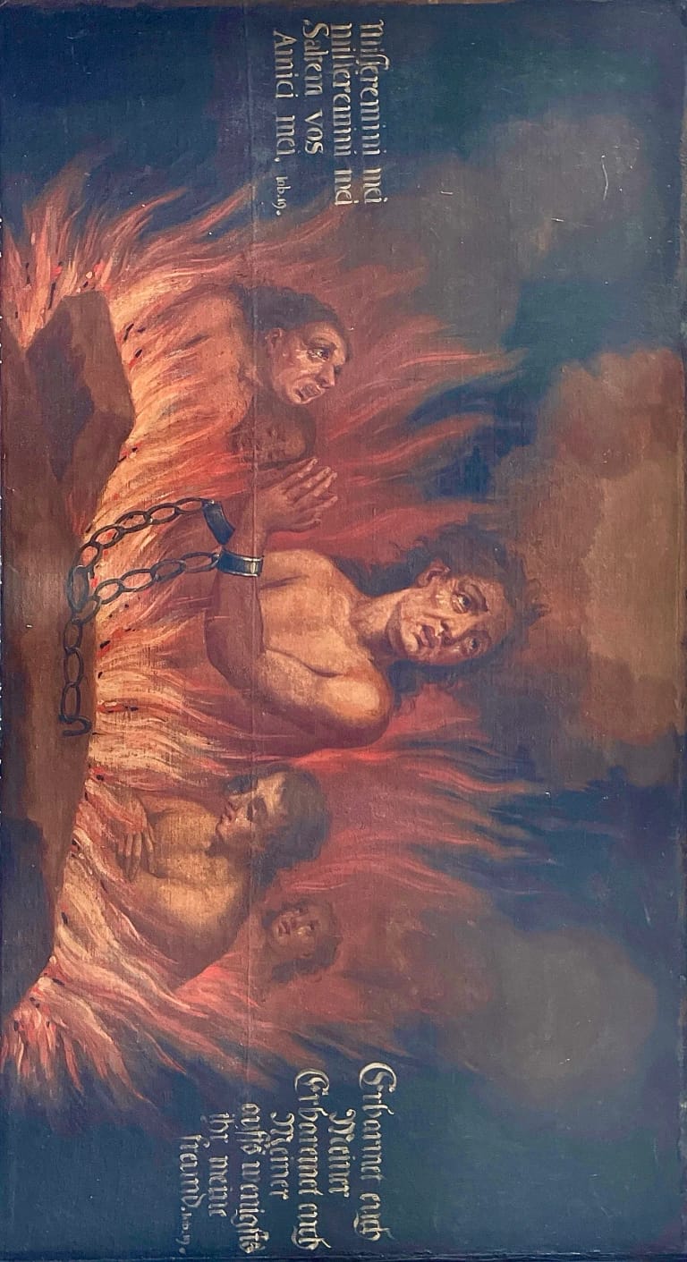 Die Rückseite des Altarbilds mit einer Darstellung des Fegefeuers, Menschen inmitten von Flammen